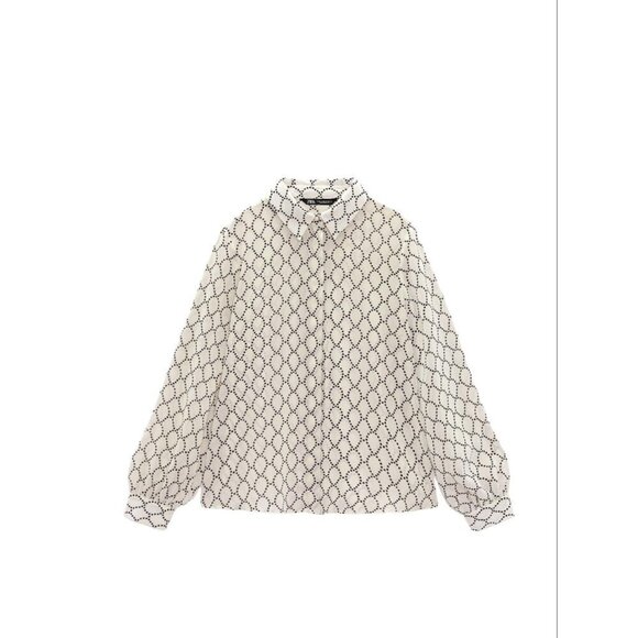 Zara Tops - ZARA SATIN GEOMETRIC PRINT SHIRT ECRU / BLACK SIZE S |2599/722/064